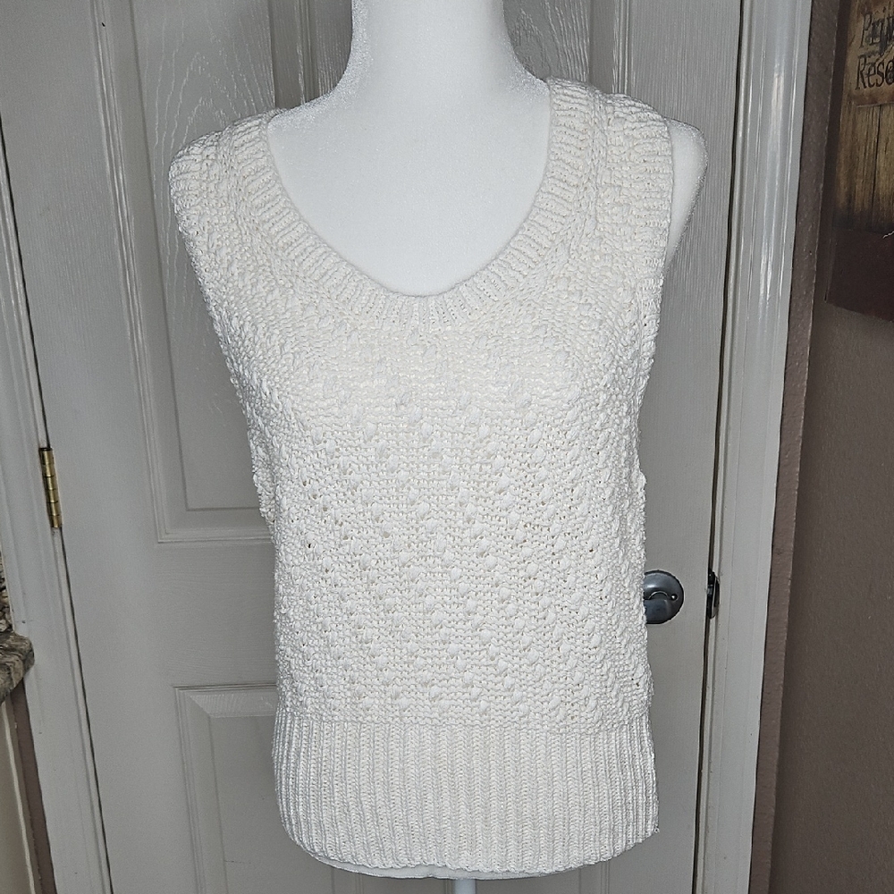 Brochu Walker Linen Blend Textured White Knit Scoop Neck Sweater Vest Top